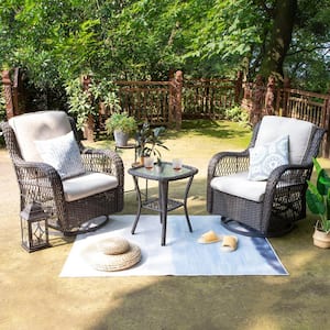 Brown 3-Piece Wicker Swivel Outdoor Rocking Chair with Premium, Soft Fabric, Beige Cushions and Matching Side Table