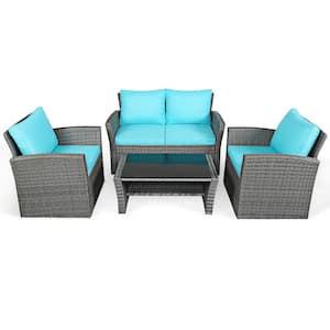 4-Piece PE Wicker Outdoor Sofa Set Patio Conversation Set with Turquoise Cushions