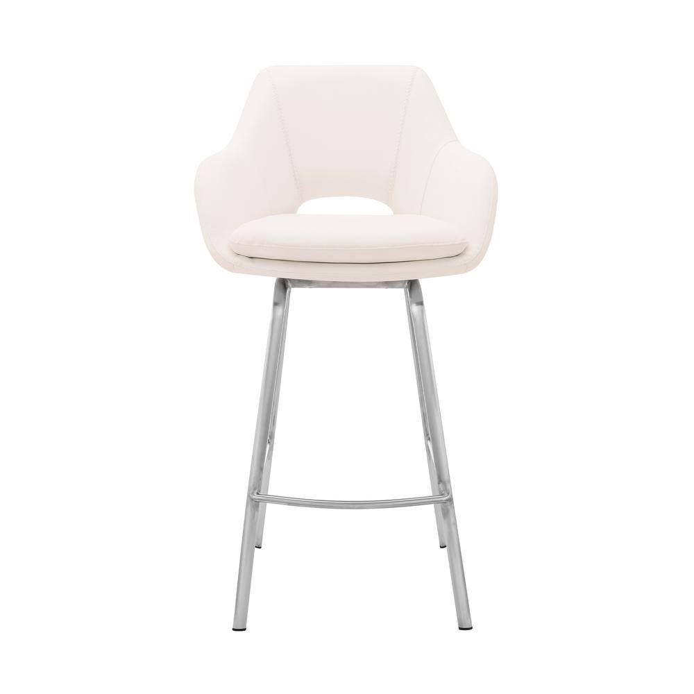 Aura White Faux Leather Swivel Bar Stool with Brushed Steel