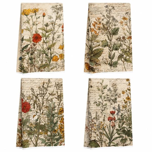 Multi Vintage Floral Decorative Soft Absorbent Waffle-Weave Microfiber Kitchen Towels, 4-Piece Set for Home