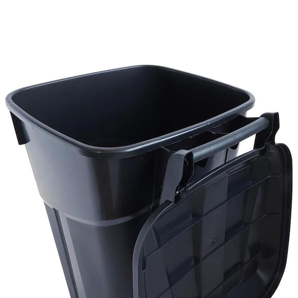 32 Gallon Black Rolling Outdoor Garbage/Trash Can with Wheels and Attached  Lid