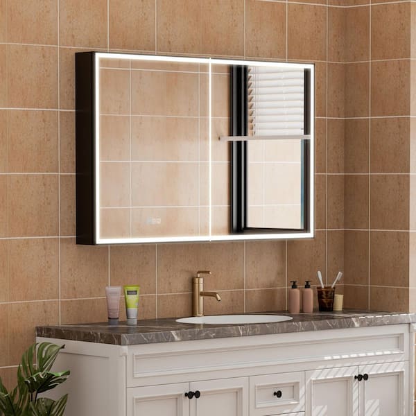 WELLFOR 30 in. W x 30 in. H Rectangular Aluminum Recessed or Surface Mount Medicine Cabinet with Mirror and Lighted,Double Doors