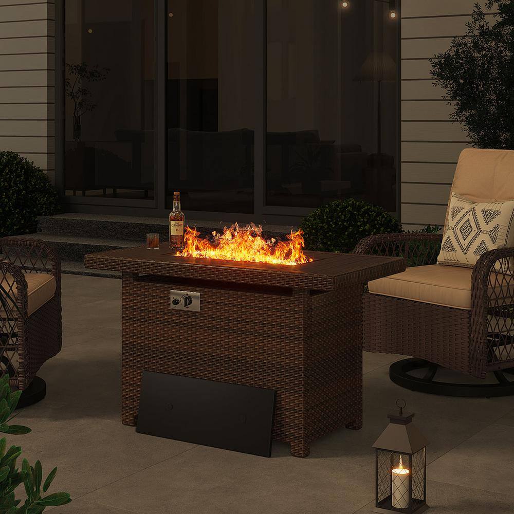 44'' Dark Brown Wicker Propane Fire Pit Table with Lid