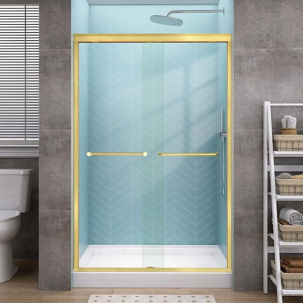 Getpro 48 in. W x 72 in. H Sliding Semi-Frameless Shower Door in Matte Brushed Gold Bypass Glass Door with 1/4 in. Clear Glass