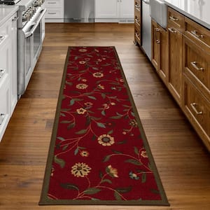 Ottohome Collection Non-Slip Rubberback Floral Leaves 2x7 Indoor Runner Rug, 1 ft. 10 in. x 7 ft., Dark Red