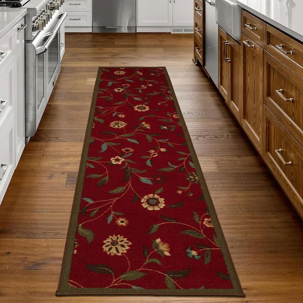 Ottohome Collection Non-Slip Rubberback Floral Leaves 2x7 Indoor Runner Rug, 1 ft. 10 in. x 7 ft., Dark Red