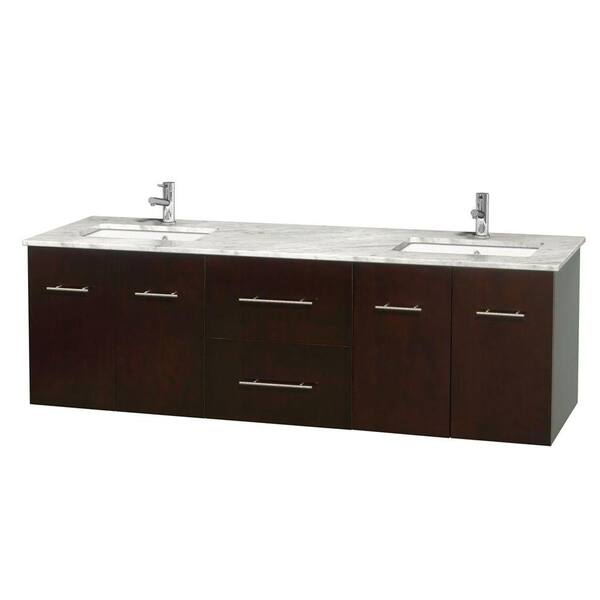 Wyndham Collection Centra 72 in. Double Vanity in Espresso with Marble Vanity Top in Carrara White and Under-Mount Sinks