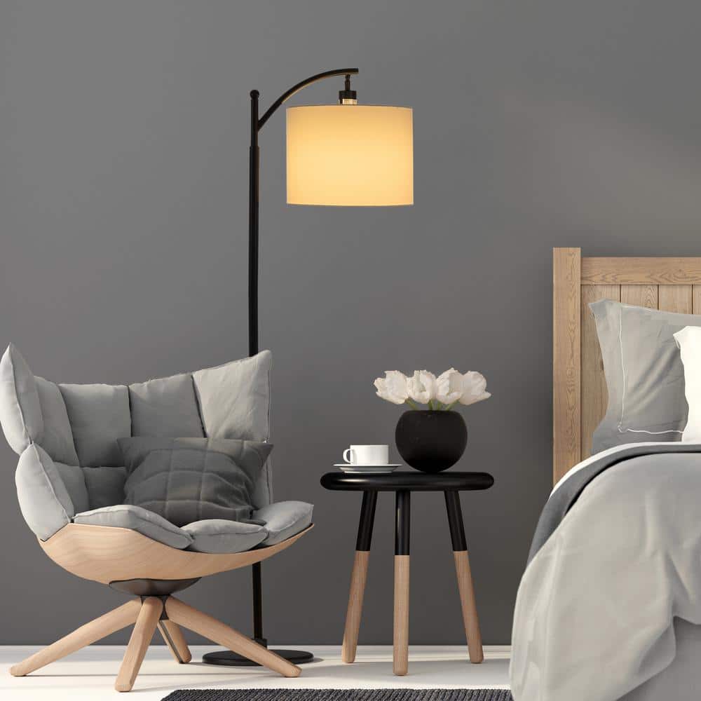 63-Inch Tall Black Metal Floor Lamp with Linen Shade and LED Bulb