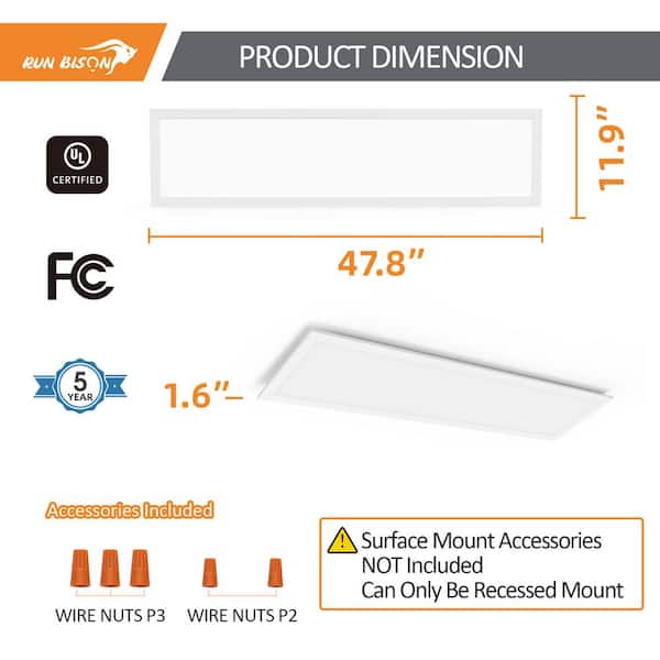 RUN BISON 1 ft. x 4 ft. White 2750/3300/4400 Lumens Integrated LED Panel Light Troffer Light, 3500/4000/5000K (4-Pack)