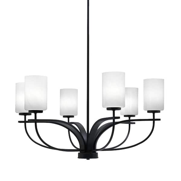 Unbranded Olympia 6-Light Matte Black Round Chandelier with 4 in. White Marble Glass Shades, No bulbs included