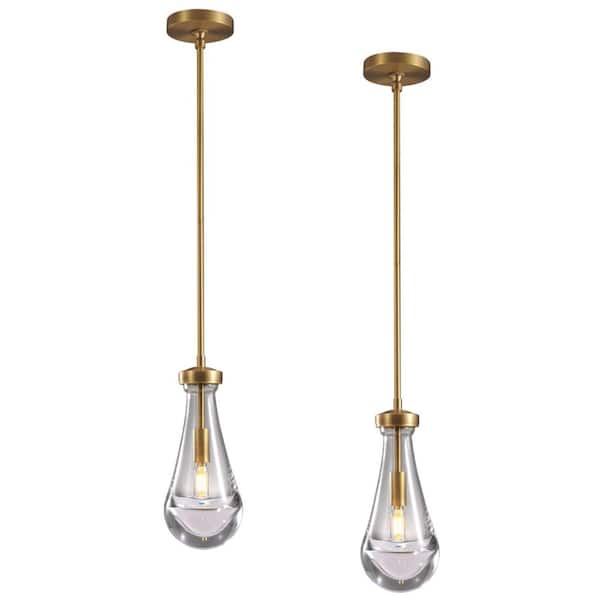 49 in. H 1 Light Dimmable Raindrop Brass Kitchen Island Pendant Light, Teardrop Glass Pendant Light Living Room(2-Piece)