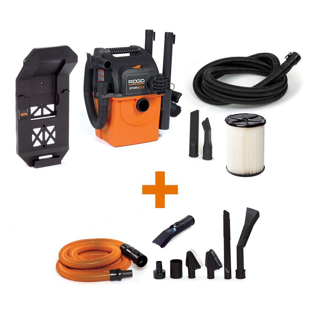 RIDGID 5 Gal. 5.0 Peak HP Wall Mount Shop Vacuum Wet Dry Vac with Filter, 2 Hoses, LED Nozzle and Car Cleaning Kit WD5500B WD5500B - The Home Depot