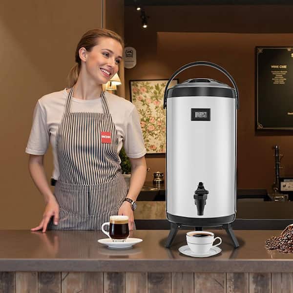 Stainless Steel 2.4 Gal. Insulated Beverage Dispenser, Thermal Drink Server with Spigot and Temp Display for Tea Coffee