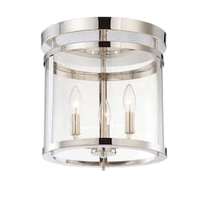 Penrose 12.5 in. W x 14 in. H 3-Light Polished Nickel Semi-Flush Mount Ceiling Light with Clear Glass Cylindrical Shade