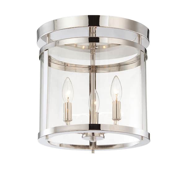 Savoy House Penrose 12.5 in. W x 14 in. H 3-Light Polished Nickel Semi-Flush Mount Ceiling Light with Clear Glass Cylindrical Shade