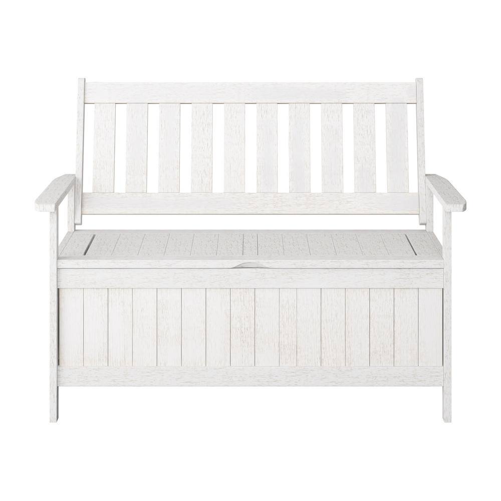 Whitewashed Shorea Wood Outdoor Storage Bench with Slatted Back