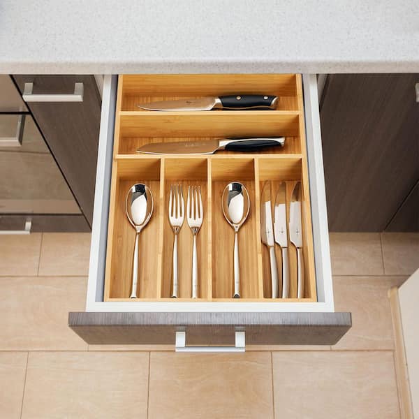 Bamboo Kitchen Drawer Organizer, 12 in. Silverware Utensil Tray Holder, 6 Slots Bamboo Wood Caddy with Grooved Divider
