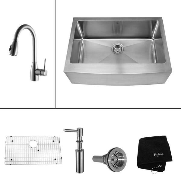 KRAUS All-in-One Farmhouse Apron Front Stainless Steel 30 in. Single Bowl Kitchen Sink with Faucet in Stainless Steel