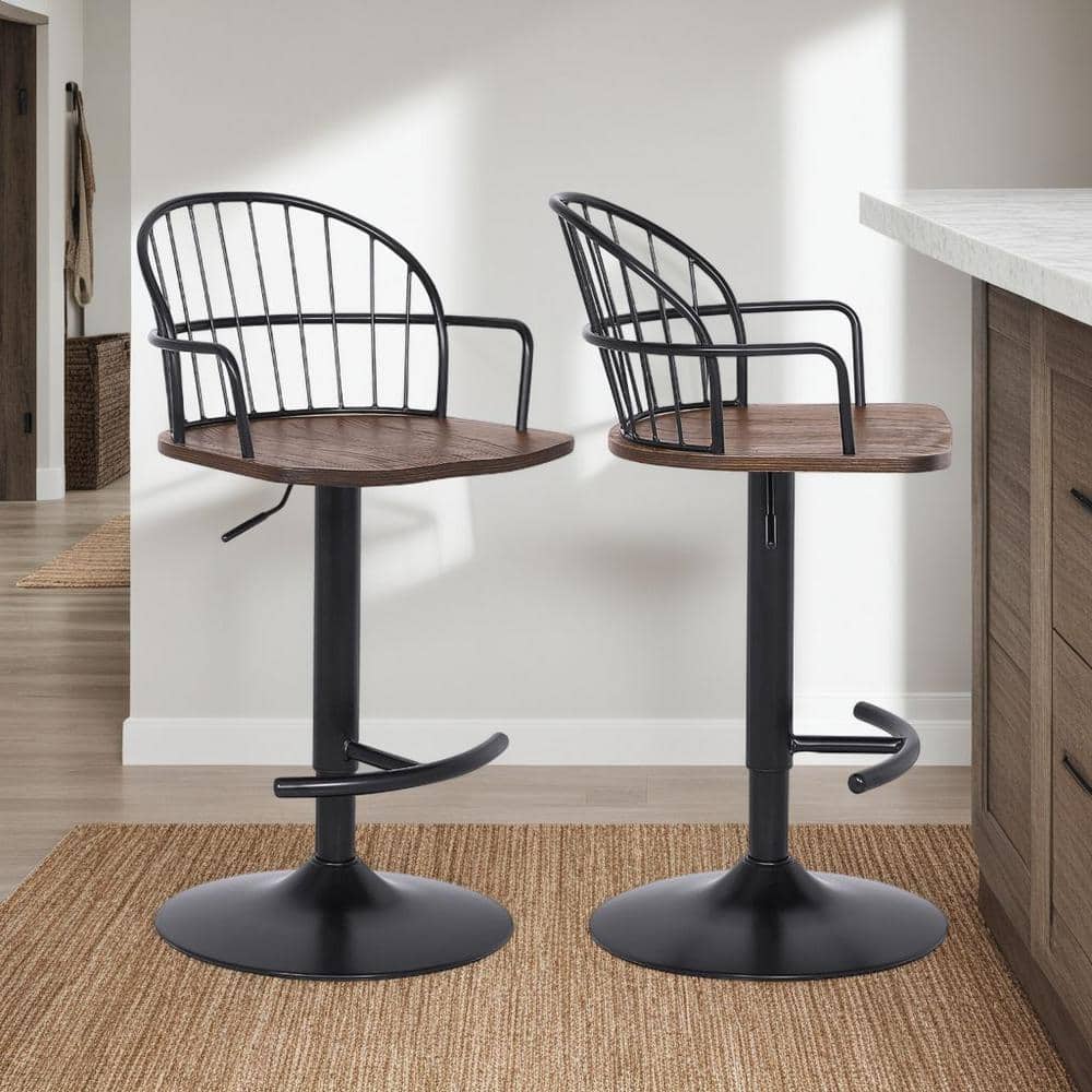 Edward Adjustable Walnut Glazed Bar Stool in Black Powder Coated Finish