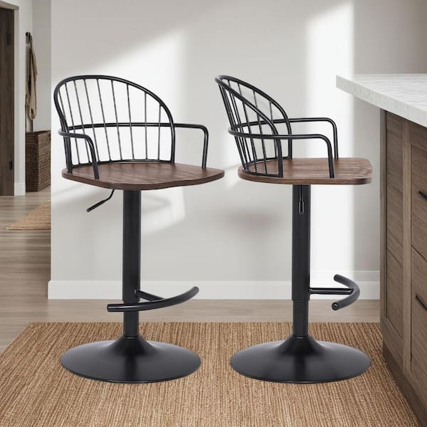 Armen Living Edward Adjustable Walnut Glazed Bar Stool in Black Powder Coated Finish
