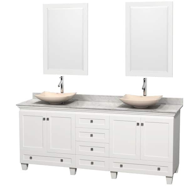 Wyndham Collection Acclaim 80 in. W Double Vanity in White with Marble Vanity Top in Carrara White, Ivory Sinks and 2 Mirrors