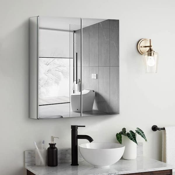 30 in. W x 26 in. H Rectangular Aluminum Surface Mount Bathroom or Medicine Cabinet Adjustable shelf with Mirror
