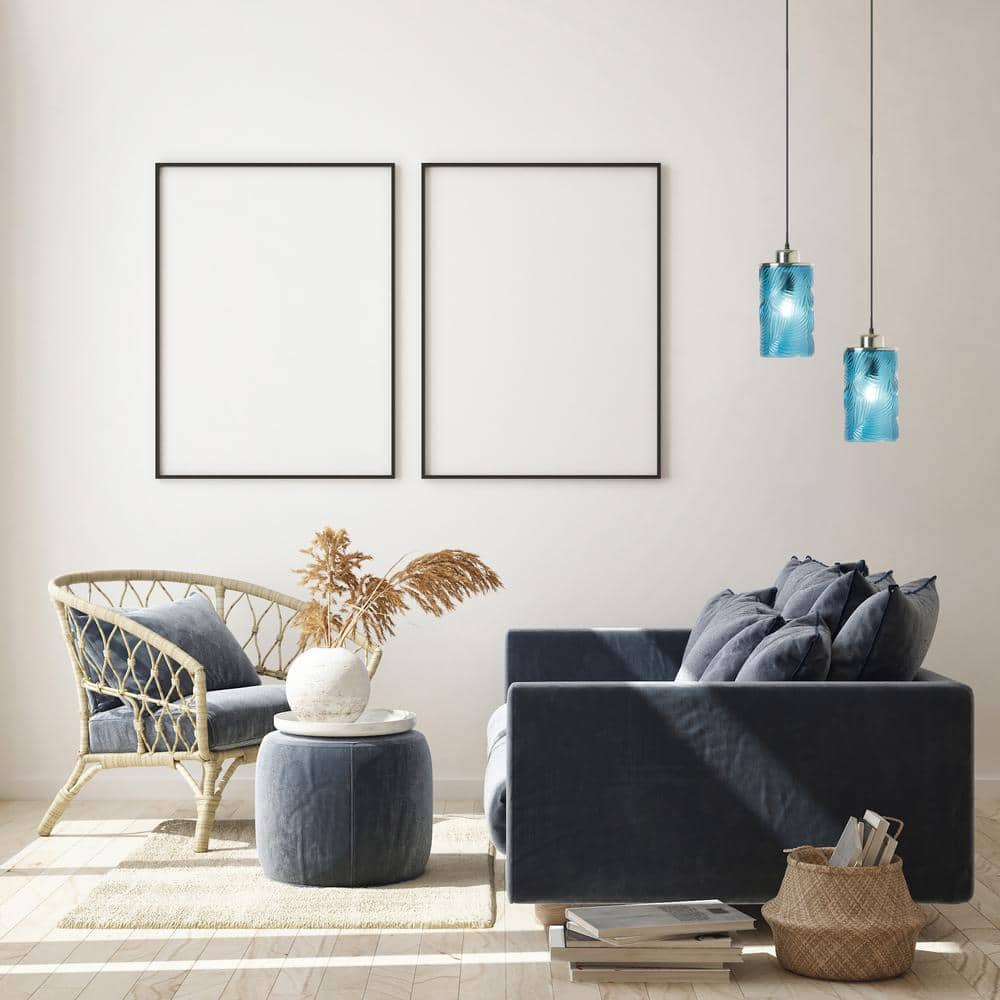 Aimee Blue Glass Cylinder Pendant Lamp with Palm Leaf Texture