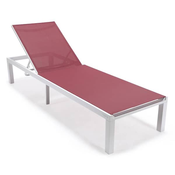 Leisuremod Marlin Modern White Aluminum Outdoor Patio Chaise Lounge Chair with Square Fire Pit Table (Burgundy)