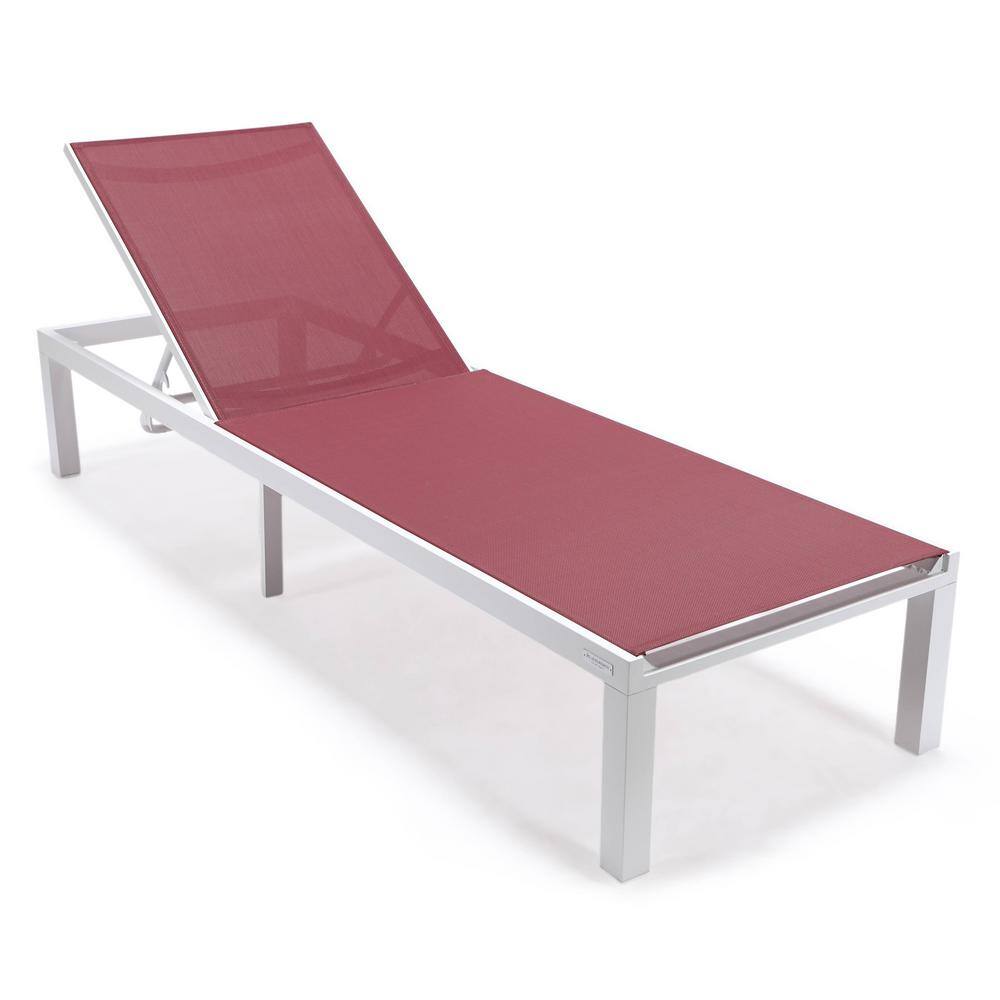Marlin Modern White Aluminum Patio Chaise Lounge Set with Fire Pit Table in Burgundy