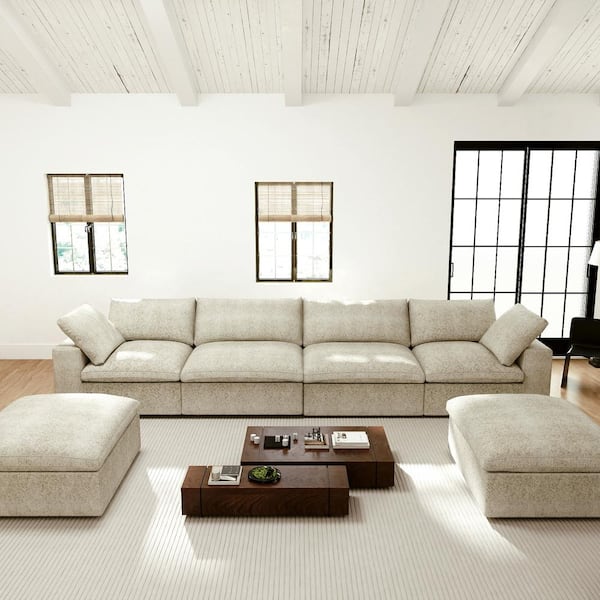 Magic Home 157 in. Square Arm 6-Piece Linen U-shaped Sectional Sofa Cloud Couch in Khaki with Storage Ottomans