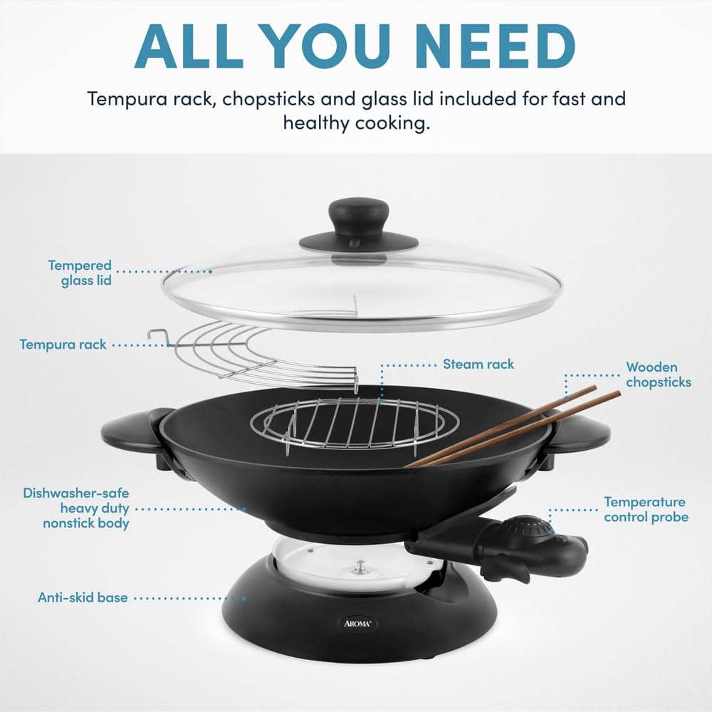 Aroma 5-Quart Black Electric Wok with Glass Lid