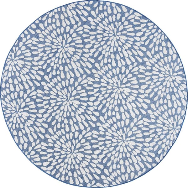 Tayse Rugs Eco Floral Blue 6 ft. Round Indoor/Outdoor Area Rug