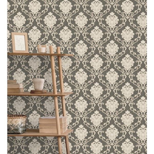 Florentine Charcoal Damask Textured Non-pasted Vinyl Wallpaper