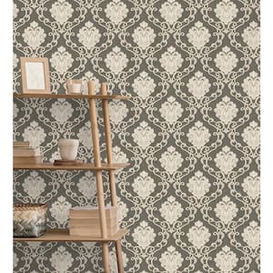 Florentine Charcoal Grey Damask Wallpaper Sample