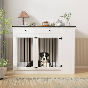 Modern Large Wooden Dog Crate Furniture, Pet Dog Cage with 3 Drawers and 2 Dog Bowls for Large Medium Small Dogs, White