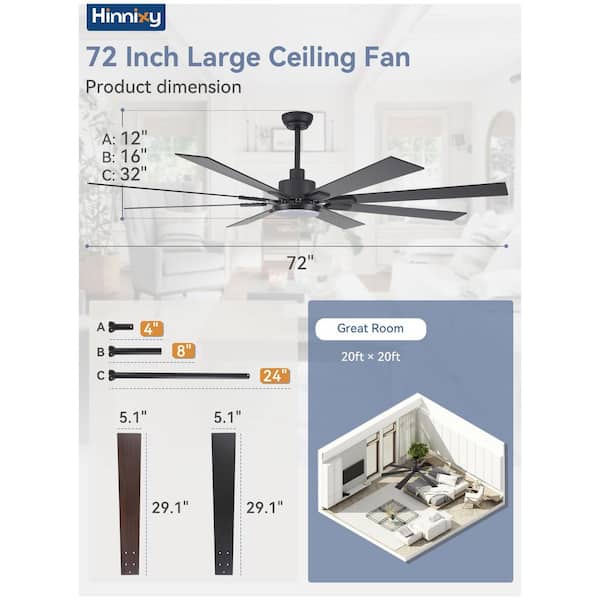 72 in. Indoor/Outdoor Matte Black 3-Colors LED 6-Speeds Ceiling Fan with Dual-Finish Blades and Light and Remote