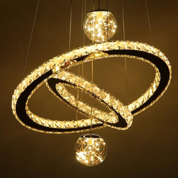 OUKANING 19.68 in. 1-Light Gold Modern Crystal 2 Rings LED Pendant