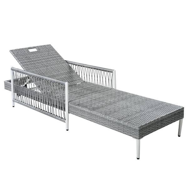 Set of 2 Grey Outdoor PE Rattan Chaise Lounges with 6-Position Reclining Backrest, Cushions & Armrests