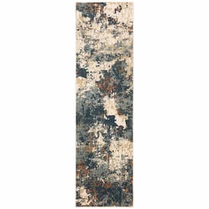 2' X 8' Blue Sage And Orange Abstract Power Loom Stain Resistant Runner Rug