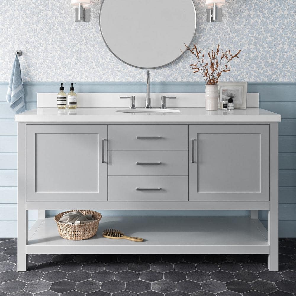 Bayhill 61 in. W x 22 in. D x 36 in. H Bath Vanity in Grey with Pure Pure White Quartz Top -  ARIEL, R061SWQOVOGRY