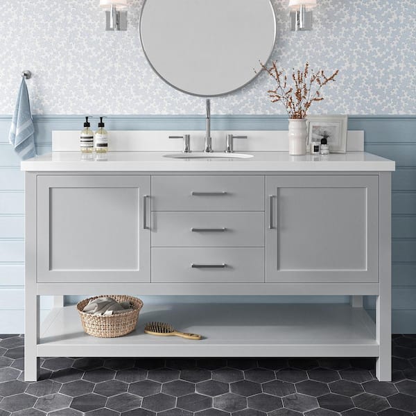 ARIEL Bayhill 61 in. W x 22 in. D x 36 in. H Bath Vanity in Grey with Pure Pure White Quartz Top
