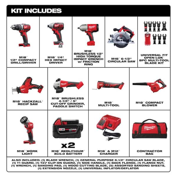 M18 18-Volt Lith-Ion Cordless Combo Kit (9-Tool) w/ (2) Batteries, Charger, Tool Bag, & Multi-Tool Blade Set