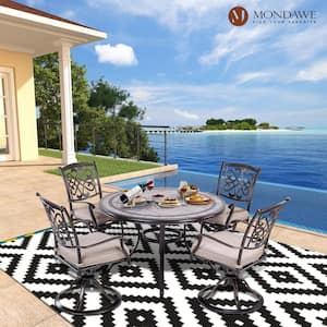 Mel 5-Piece Cast Aluminum Outdoor Dining Set with Round Umbrella Table, Swivel Metal Chairs, Beige Cushions