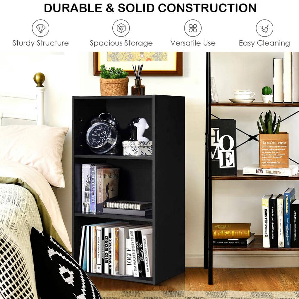 Black MDF Modern 3-Tier Open Shelf Bookcase