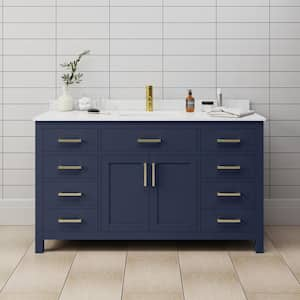 Beckett 60 in. W x 22 in. D Single Vanity in Dark Blue with Cultured Marble Vanity Top in Carrara with White Basin