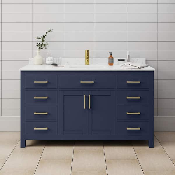 Beckett 60 in. W x 22 in. D Single Vanity in Dark Blue with Cultured Marble Vanity Top in Carrara with White Basin