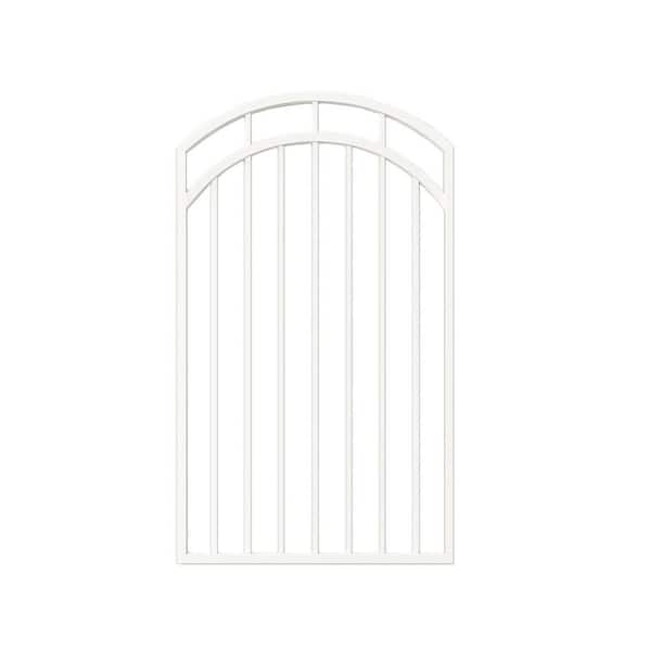 Glossy White Arched Benitoite Steel Gate (33 in. W x 56 in. H) with Self-Close Hardware, Double-Sided Handle, 2x2 Hinges
