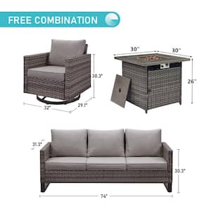 4-Piece Gray Wicker Fire Pit Conversation Set with Olefin Gray Cushions and U-Foot Swivel Glider Chairs