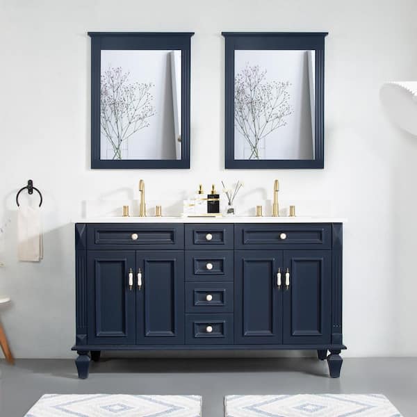 Angeles Home 60 In W X 22 D 35 H Bathroom Vanity Navy Blue With Carrara White Quartz Top Double Sink And Backsplash Martwood60qz Nb The Depot Carrara White Quartz Top Double Sink, Home Depot Double Vanity Blue Light