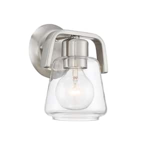 Riley 6.25 in. 1-Light Satin Platinum Industrial Wall Sconce with Clear Glass Shade